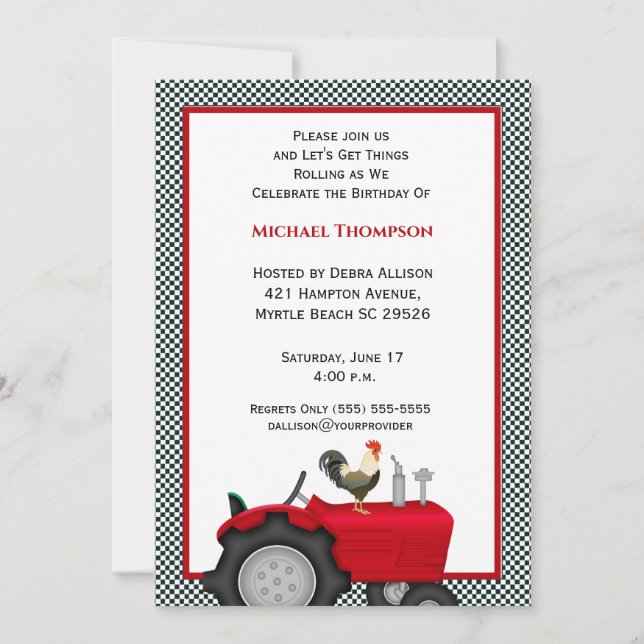 Red Tractor Birthday Invitations (Front)