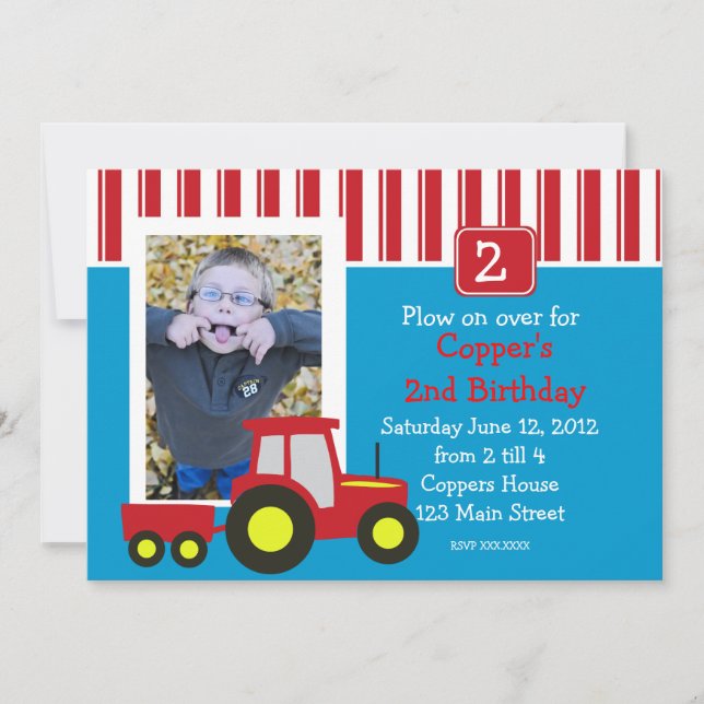 Red Tractor Birthday Party Invitation (Front)