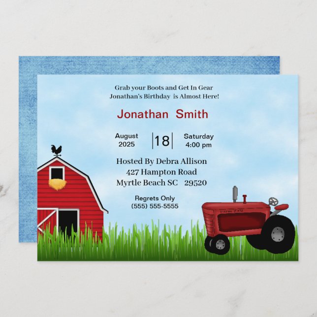 Red Tractor Birthday Party Invitation (Front/Back)