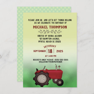 Red Tractor Birthday Party Invitation