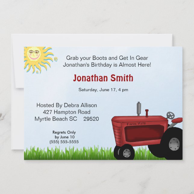 Red Tractor Birthday Party Invitation (Front)