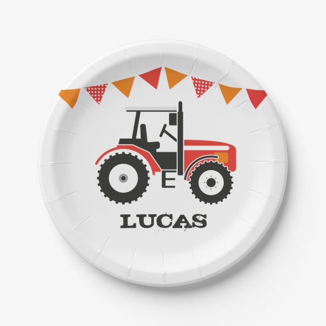 Red Tractor Birthday Party Paper Plate (Front)