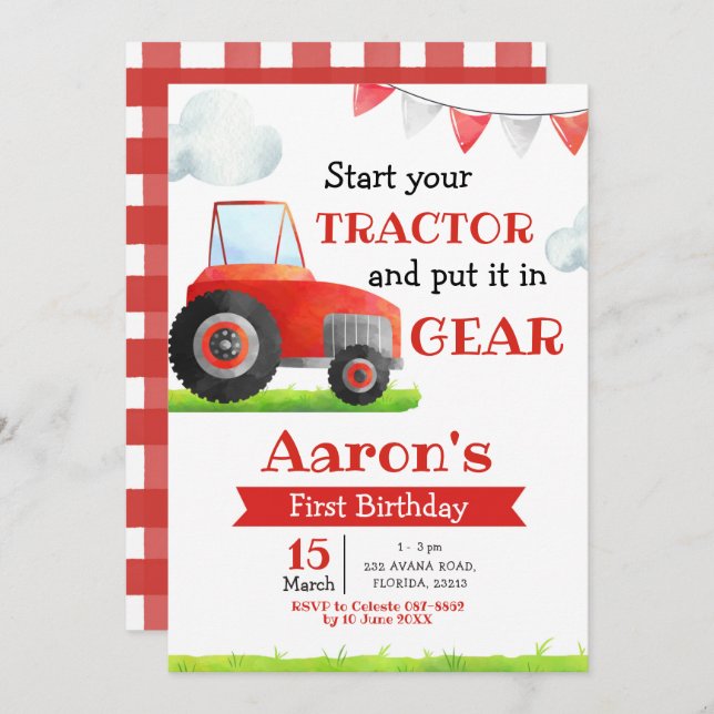 Red Tractor Boy Birthday Invitation (Front/Back)