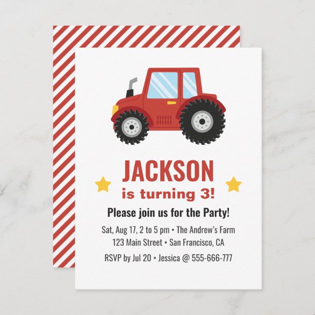 Red Tractor Boys Birthday Party Invitation (Front/Back)