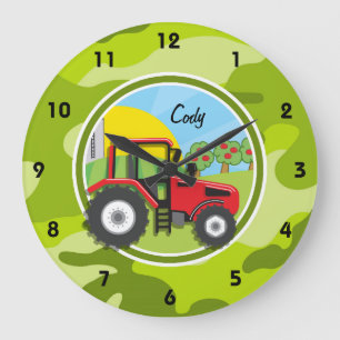 Red Tractor; bright green camo, camouflage Large Clock