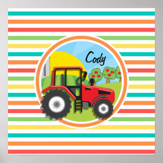 Red Tractor; Bright Rainbow Stripes Poster