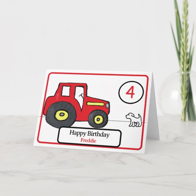 red tractor & dog 4th birthday card (Front)