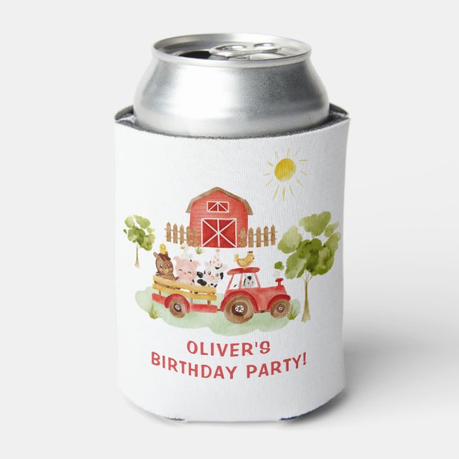 Red tractor farm animals birthday can cooler (Can Front)