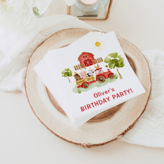 Red tractor farm animals birthday party napkin (Creator Uploaded)