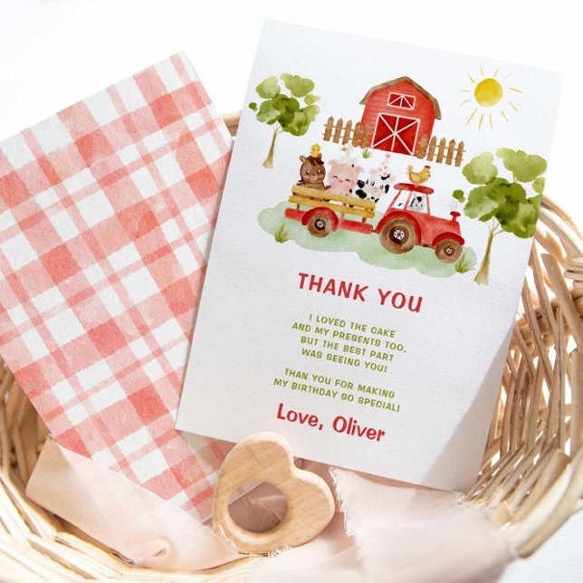 Red tractor farm animals birthday thank you card (Creator Uploaded)