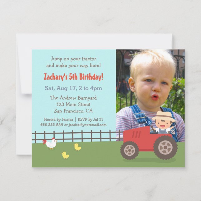 Red Tractor Farm Birthday Party Photo Invitations (Front)