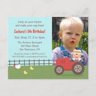 Red Tractor Farm Birthday Party Photo Invitations