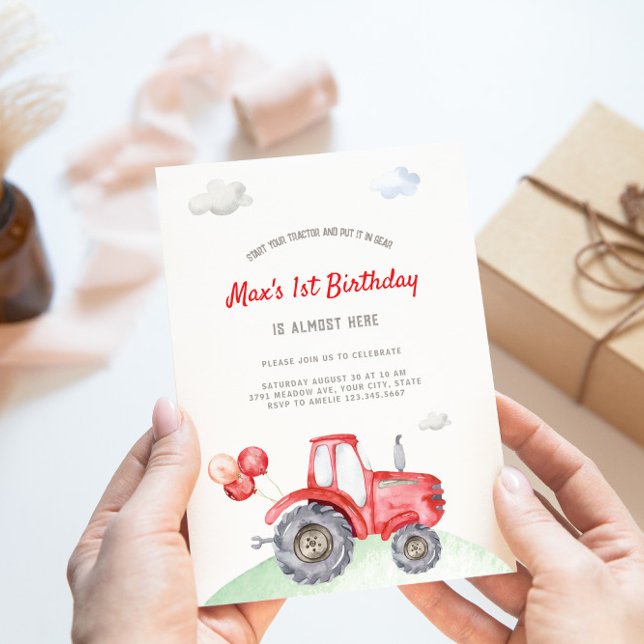 Red Tractor Festive Balloons Birthday Invitation (Creator Uploaded)