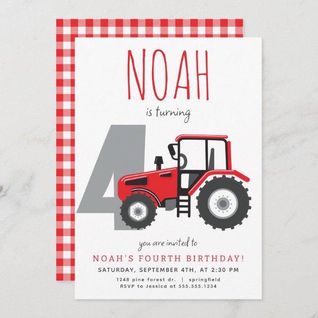 Red Tractor Fourth Birthday Invitation (Front/Back)