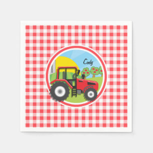 Red Tractor on Red and White Gingham Napkin