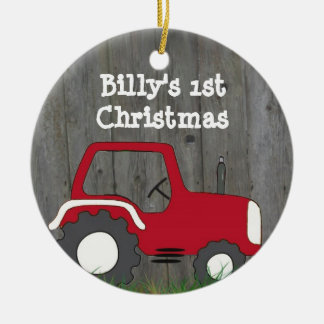 Red Tractor Ornament: Add Photo & Year Ceramic Tree Decoration
