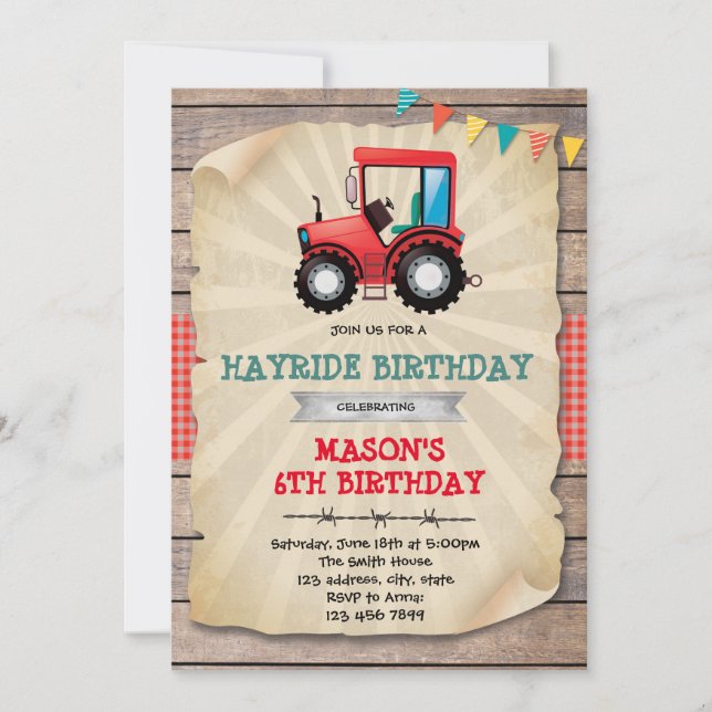 Red tractor party birthday invitation (Front)