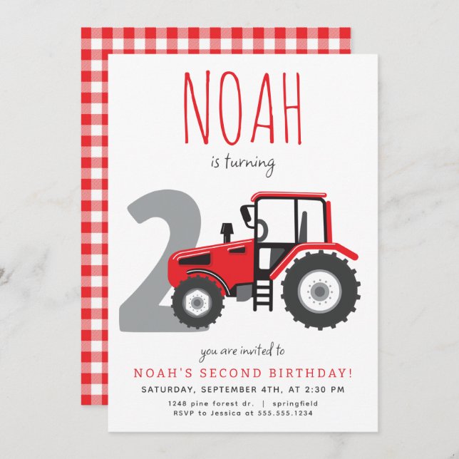 Red Tractor Second Birthday Invitation (Front/Back)