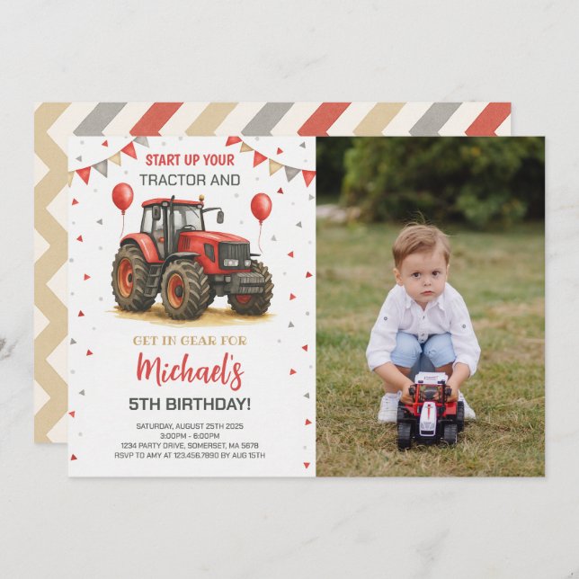 Red Tractor Theme Birthday Party Photo Invitation (Front/Back)