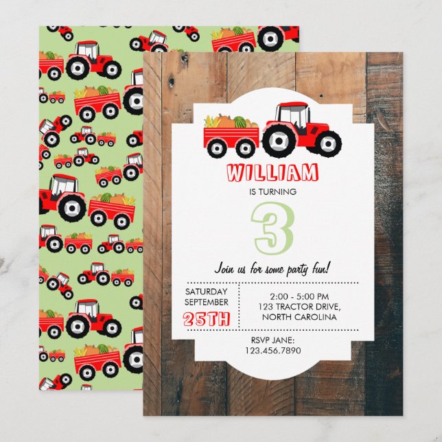 Red Tractor Truck Farm Produce Birthday Invitation (Front/Back)