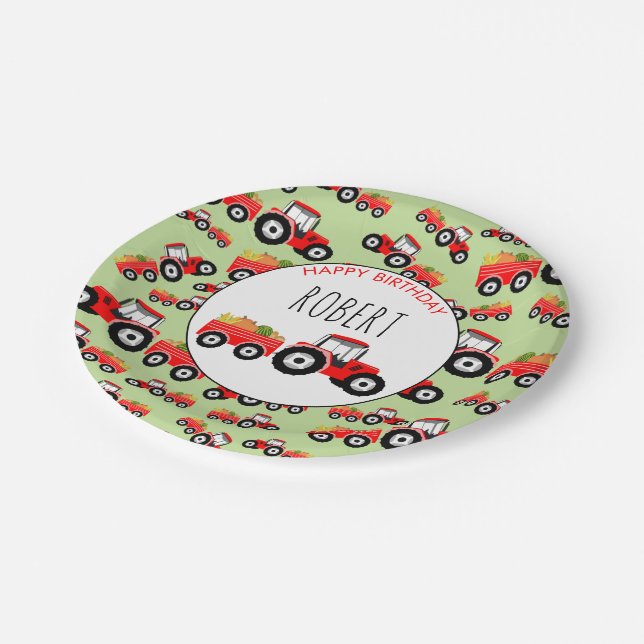 Red Tractor Truck Farm Produce Birthday Paper Plate (Angled)