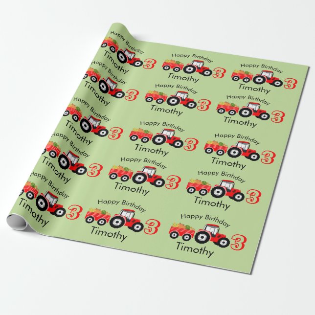 Red Tractor Truck Farm Produce Name & Age Wrapping Paper (Unrolled)