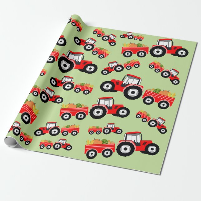 Red Tractor Truck Farm Produce Wrapping Paper (Unrolled)