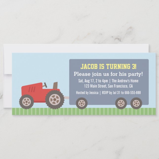 Red Tractor Vehicle Birthday Party Invitations (Front)