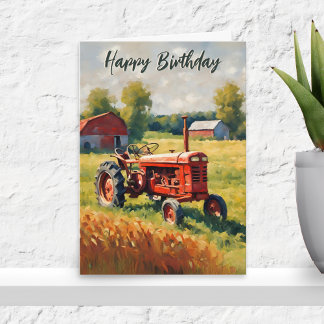 Red Tractor Vintage Rustic Farm Happy Birthday Card