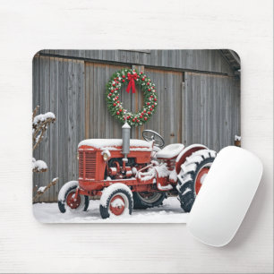 Red Tractor With Christmas Wreath Mouse Pad