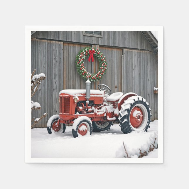 Red Tractor With Christmas Wreath Napkin (Front)