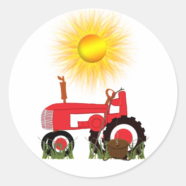 Red Tractor with Fishing Pole  Sticker (Front)