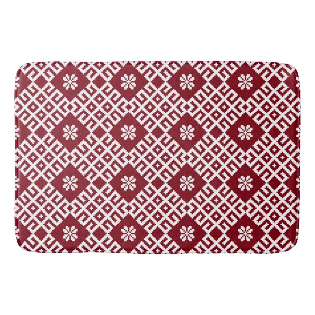 Red traditional Baltic Latvian Pattern Bath Mat (Front)