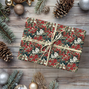 Red Traditional Christmas Floral and Pinecone  Wrapping Paper