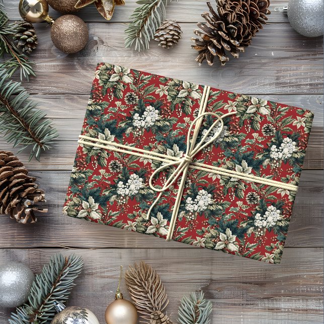 Red Traditional Christmas Floral and Pinecone  Wrapping Paper (Creator Uploaded)