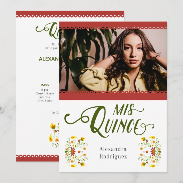 Red Traditional Mexican Floral Photo Quinceanera Invitation (Front/Back)