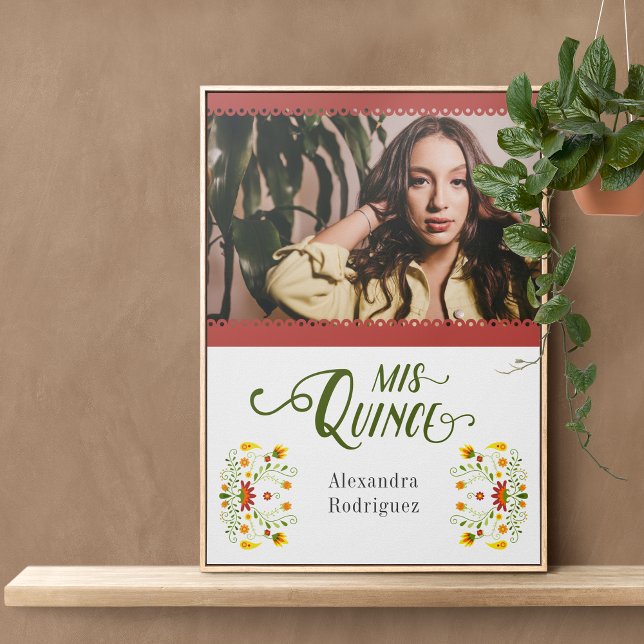 Red Traditional Mexican Floral Photo Quinceanera Poster (Creator Uploaded)