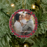 Red traditional tartan personalised christmas ceramic ornament<br><div class="desc">Christmas red and green tartan plaid stylish elegant holiday decor ornament. Gold effect script text. Modern traditional design.</div>