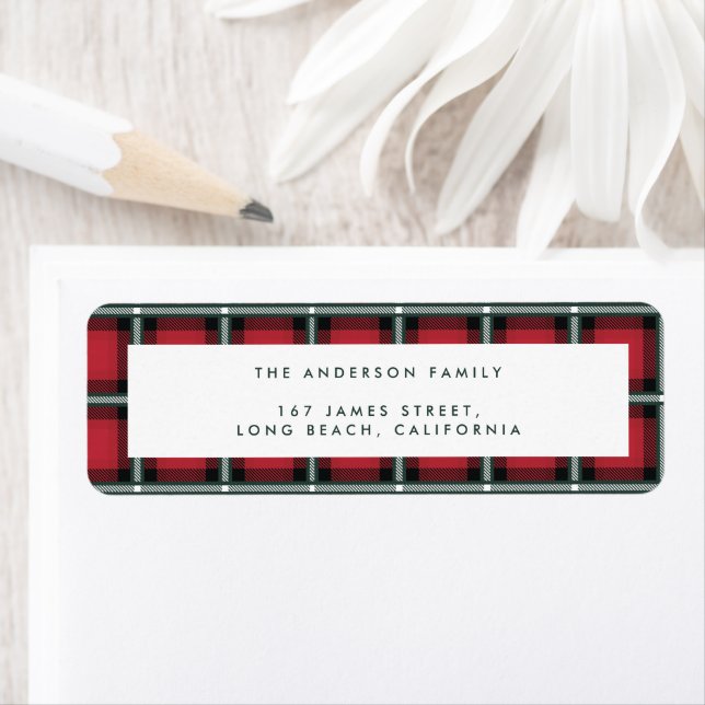 red traditional tartan personalised christmas return address label (Insitu)