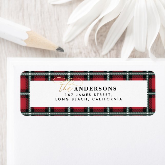 Red traditional tartan personalised christmas return address label (Insitu)