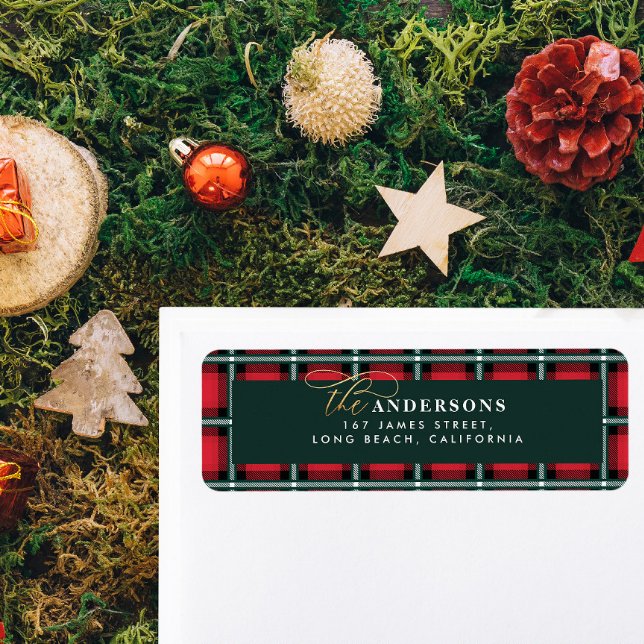 Red traditional tartan personalised christmas return address label (Creator Uploaded)