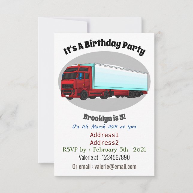 Red trailer truck illustration invitation (Front)