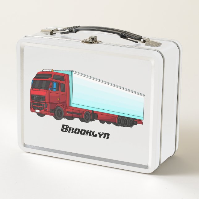 Red trailer truck illustration metal lunch box (Front)