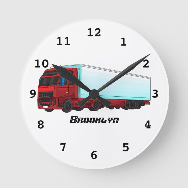 Red trailer truck illustration round clock (Front)