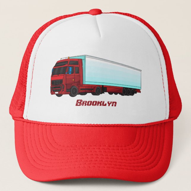 Red trailer truck illustration trucker hat (Front)