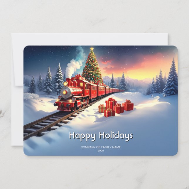 Red Train Christmas Tree Holiday Card (Front)