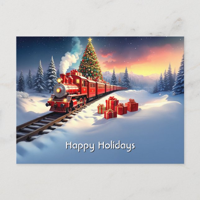 Red Train Christmas Tree Holiday Postcard (Front)