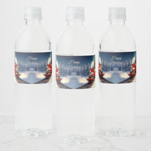 Red Train Christmas Tree Water Bottle Label