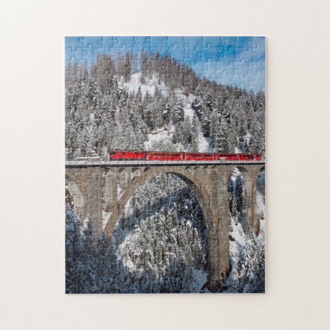 Red Train Pine Snow Covered Mountains Switzerland Jigsaw Puzzle (Vertical)