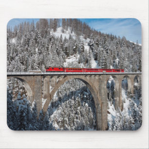 Red Train Pine Snow Covered Mountains Switzerland Mouse Pad